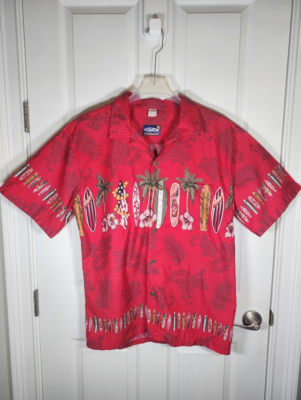 Palmwave Red Hawaiian Surfboards Palm Trees Collard Short SL Button Shirt S 2XL